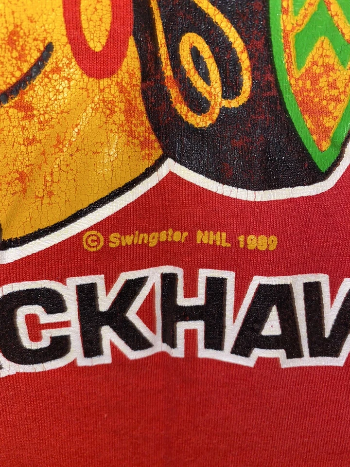 Camiseta Swingster 1989 Vintage Chicago Blackhawks Hockey Roja Puntada Única Pequeña Foto 4 de 4