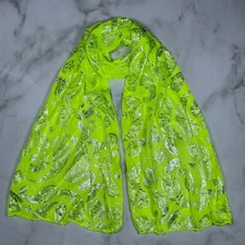 Sheer Lime Yellow Extra-Lightweight Scarf with Metallic Silver Paisley Accents
