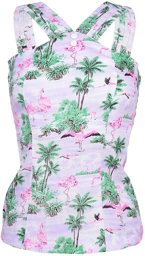 Coastal Babe AMELIA Flamingo 50s Palm Flowers Pin Up Vest Top Lilac Rockabilly