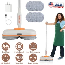 Cordless Electric Spin Mop with LED Headlight and Water Spray Floor Cleaner