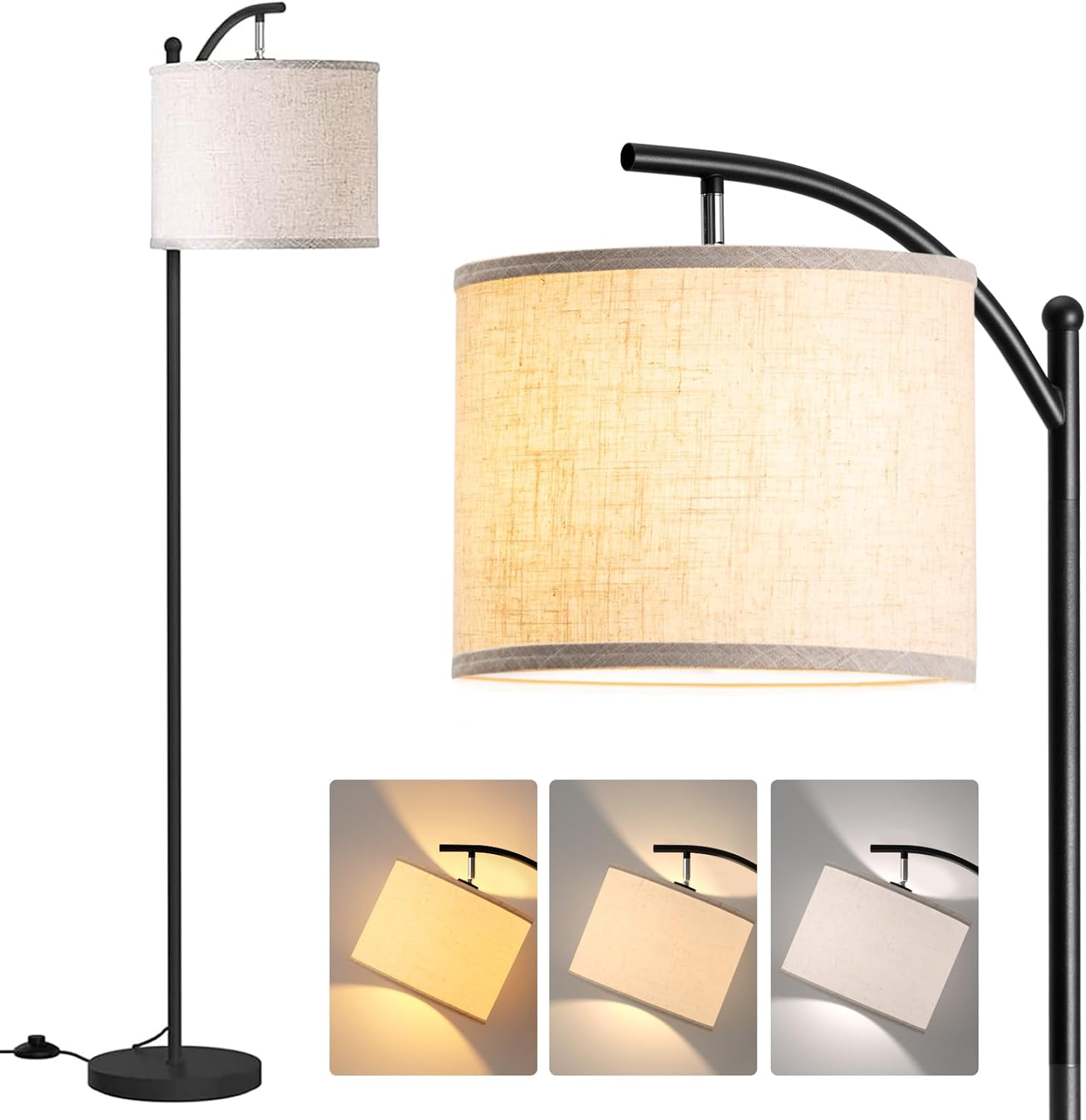 Modern LED Floor Lamp with 3 Color Temps, Linen Shade & Black Base for Living Room-image