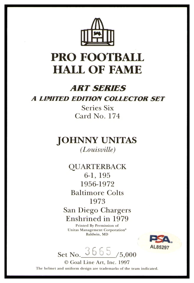 Johnny Unitas Signed Goal Line Art Card GLAC Autographed Colts PSA/DNA AL85297 - Image 2 of 2