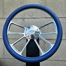 14" Billet 4 Spoke Steering Wheel w/ Blue Vinyl Wrap and Licensed Chevy Horn