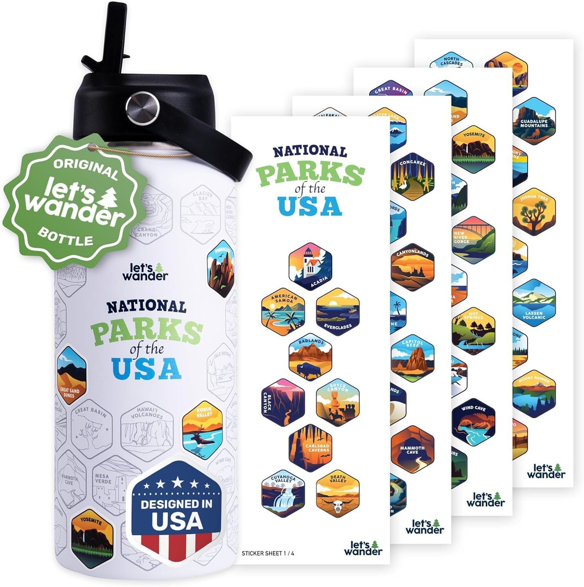 LET'S WANDER Original National Parks - Botella De Agua Con 63 Calcomanías Impermeables, 32 Onzas, De Acero Inoxidable Aislado A Prueba De Fugas Con Pajilla, Botella De Regalo De Excursionismo De