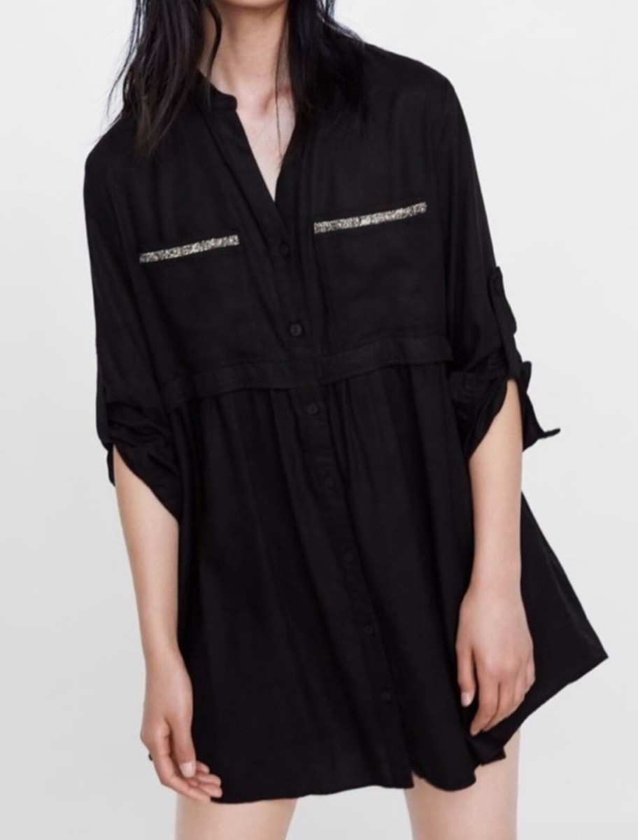 NWT Zara Black Oversize Tunic Mini Shirt Dress Size S Beaded