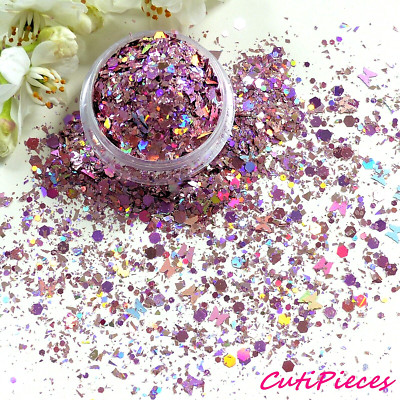 Nail Art Glitter *Pink Sherbet* Mylar Flakes Hex Butterfly Holographic 5ml Topf