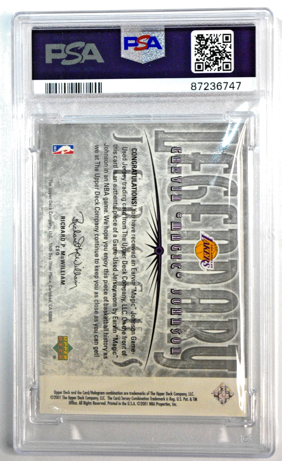 2000 UD Legendary Jerseys Magic Johnson #MA-J Game Used 2-Color PSA 10 Lakers view 2