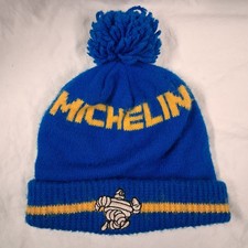 Vintage 80s Michelin Hat Blue Beanie Tires Racing Knit Ski Cap Winter Toboggan