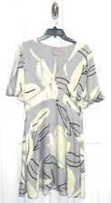 White Closet Elements Linen Blend Puffy Sleeve Mini Dress Blue/Cream/Blk LG $89