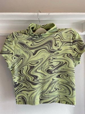  Bershka Green Swirl Crop Top Womens Small Y2K Psychedelic Festival Clubwear  