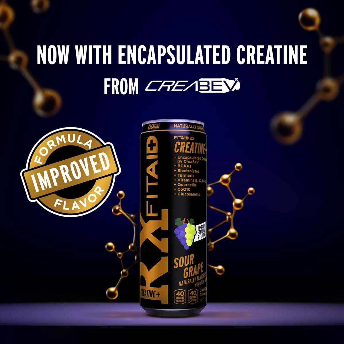 FITAID RX Sour Grape Energy Drink Pack of 12 with Creatine BCAAs Vitamins 12 ...