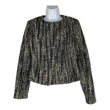 Cabi Black  White Herringbone Tweed Cropped Jacket Size 4 With Zipper Detail