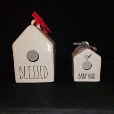 Rae Dunn Blessed White Birdhouse Set MAMA BIRD and BABY BIRD House w/Ribbons