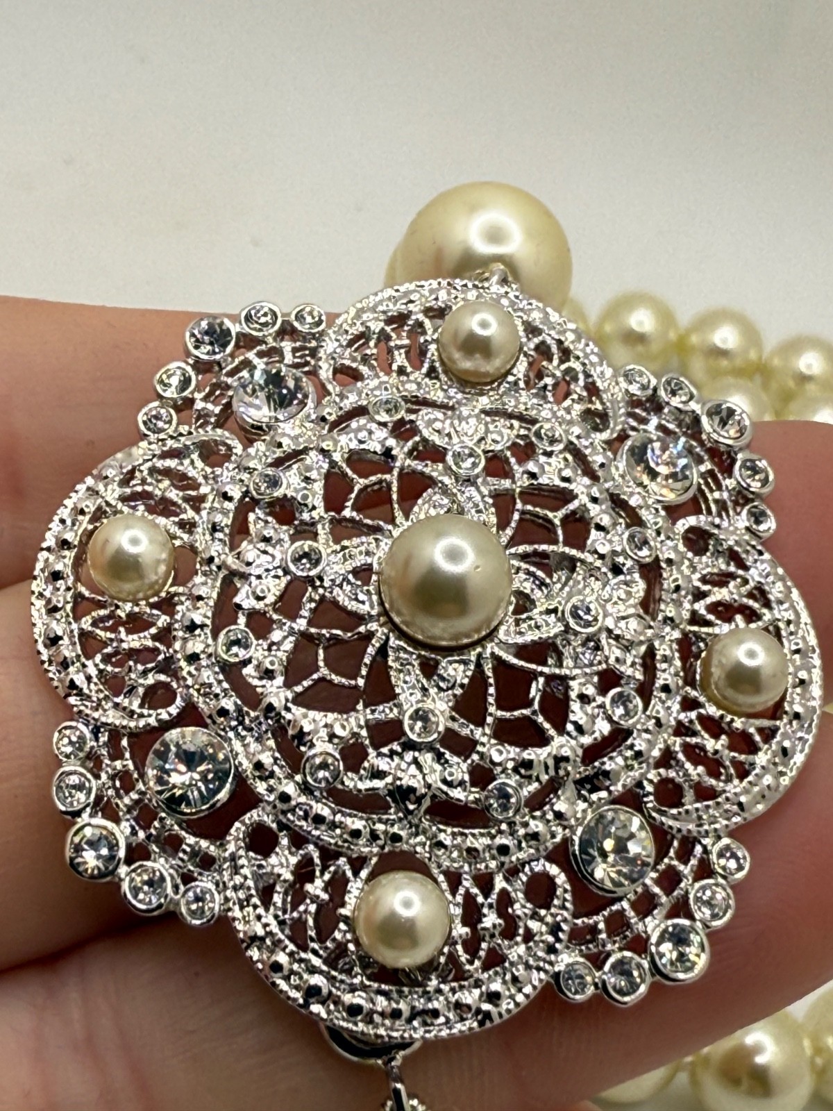 Vintage Camrose Kross JBK Necklace Faux Pearl Filigree COA 27"