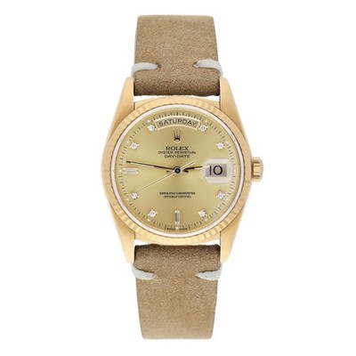 Rolex Day-Date 36mm 18238 18K Yellow Gold Watch Fluted Bezel Champagne Diamond