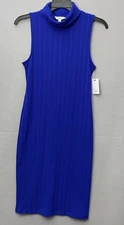 NINE WEST Midi Dress Sz L Blue Bodycon Sheath Turtleneck Sleeveless Pullover NEW