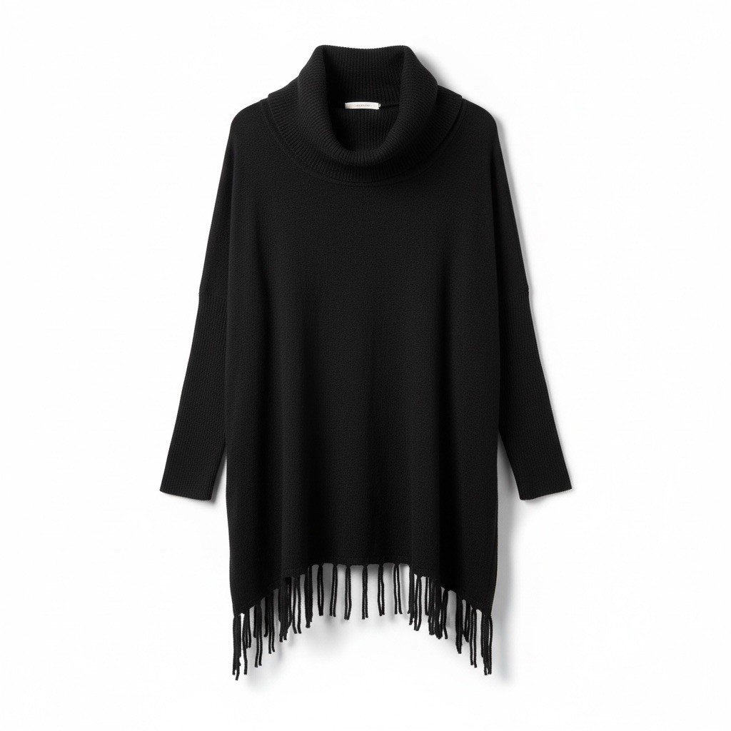 Boston Proper Sweater Women's Small Black Cowl Fringe Relaxed Knit Boho Casual
