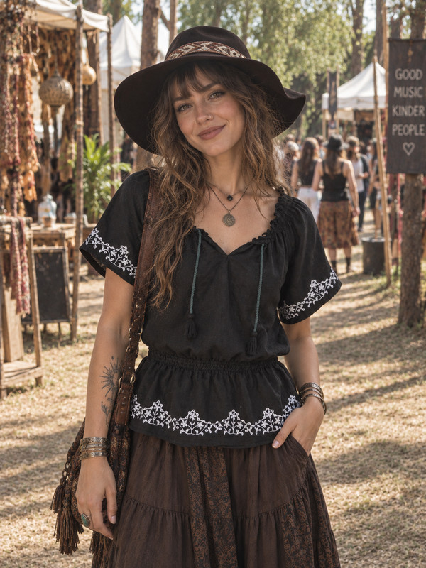Ecologie 100% Linen Peasant Top M Black Dark Boho Cottagecore Floral Embroidered