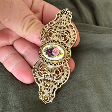 Gold Metal Filigree Floral Flower Cameo Oval Barrette Hair Clip