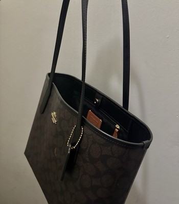 Coach Brown Black Logo Tote Bag with Tag Accent and Inner Pockets