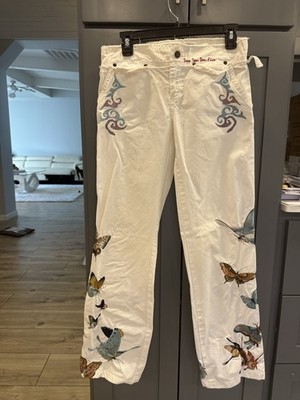 Two Ten Ten Five 2-10-10-5 White Embroidered Butterfly Cotton Jeans, Low Rise