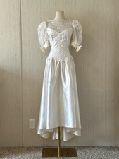 Vintage 1970s  1980s Lace  Champagne Satin High-Low Wedding Dress
