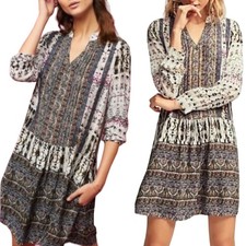 Anthropologie TINY Mollie Boho Tunic Mini Dress Drop Waist Long Sleeve Print XS