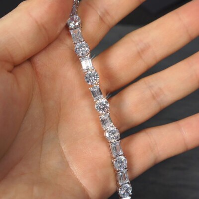 26Ct Moissanite 14K White Gold Plated Emerald Round Cut Tennis Men's Bracelet 8''