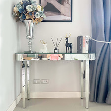 Splendid Mirrored Console Table Tall Bling Silver Vanity Desk Oval Tabletop Deco