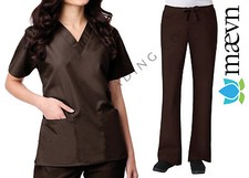 Maevn Women's Chocolate Scrub Set 2 Pocket Top Flare Leg Pants Sizes 2XS to 2XL