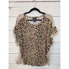 Gigio Women's Brown Leopard Print Round Neck Short Sleeve Blouse Size Medium