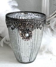 Großes Windlicht Glas  Silber Antik, Bauernsilber, Metallrand / Perle, H: 13 cm