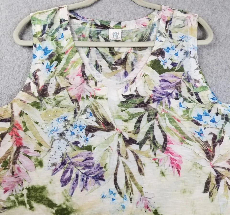 Camiseta sin mangas TIME AND TRU para mujer 3XL XXXL floral tie dye sin mangas cuello en V elástica Foto 2 de 4