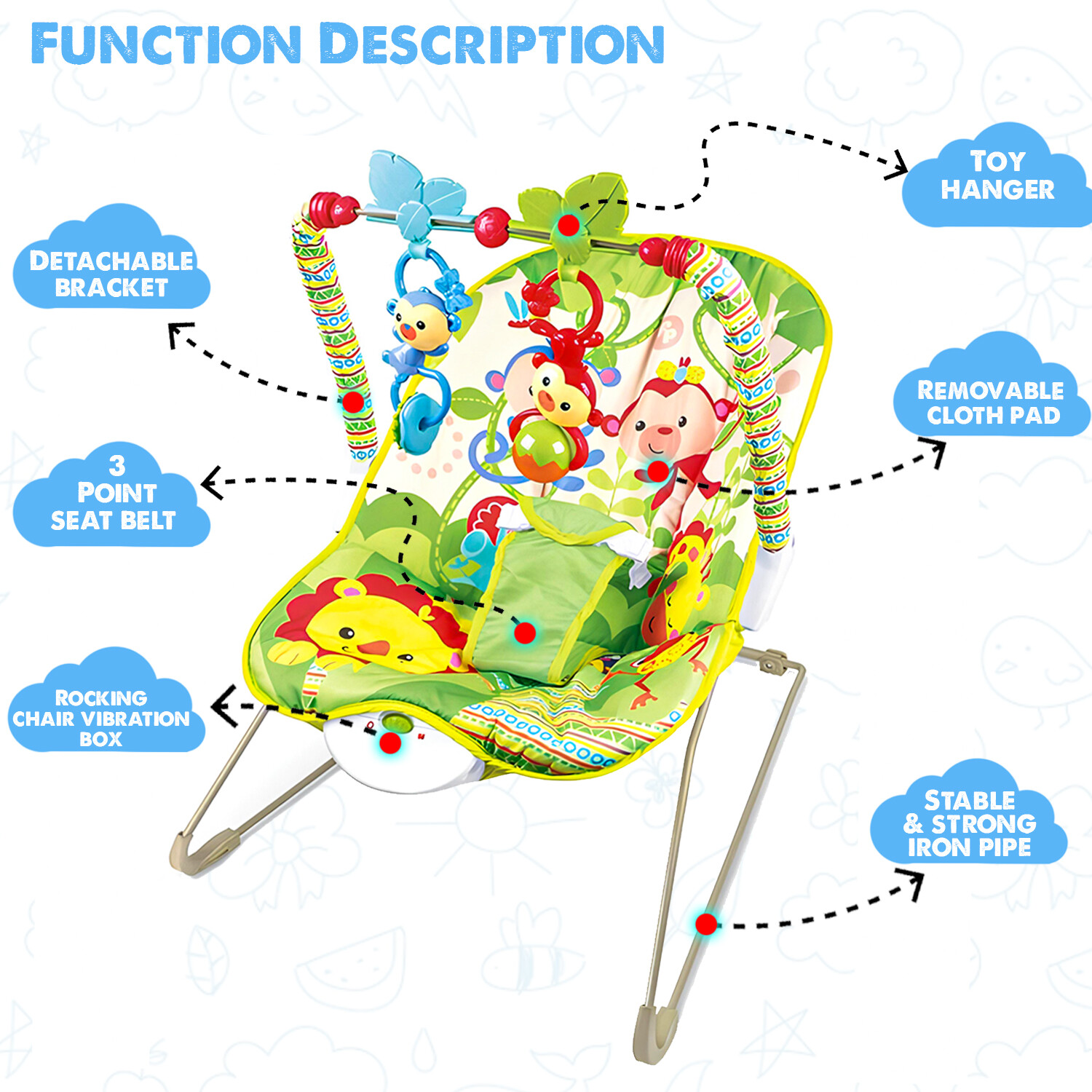 Baby Bouncer Rocker Swing Vibration Chair Soft Soothing Music Infant To