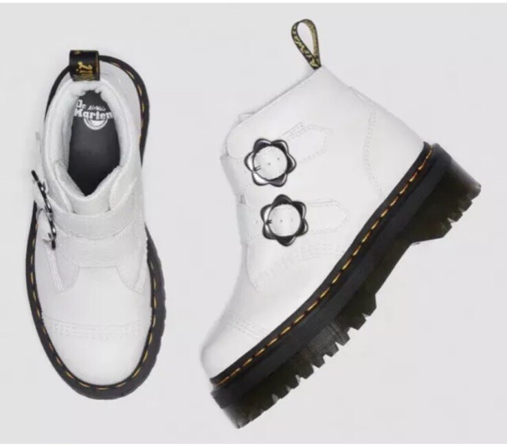 DR MARTENS DEVON FLOWER BUCKLE MILLED NAPPA LEATHER PLATFORM BOOTS