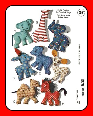 Stuffed Animals Pattern 1078 Vtg 1943 Pony Lion Bear Lamb Elephant more 7.5''-10''