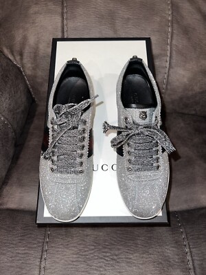 スニーカー GUCCI Women Sneakers 825961 FAD568144 SILVER Gucci Web Glitter Sparkle Women's Sneakers Low Top Size 36