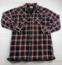 Vtg Ely Cattleman Plaid Flannel Quilted Jacket Insulated Red Black Pearl Snap L