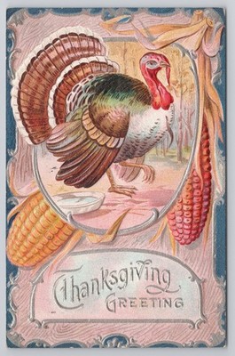 Antique Thanksgiving Postcard Embossed Turkey Indian Corn Brazil Indiana 1910