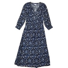J.Jill Floral Midi Dress Womens Small Navy Blue Smocked Waist V-Neck 3/4 Sleeve