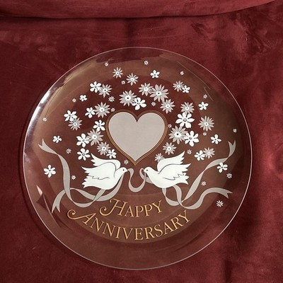 Happy Anniversary Clear 13  glass plate w/gold Lettering, Doves & Flowers