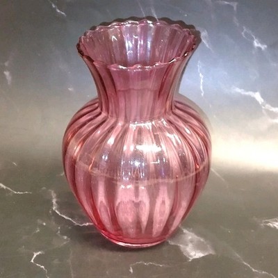 Pilgrim Cranberry Glass Vase 6'' X 4'' Ruffled Edge Ribbed