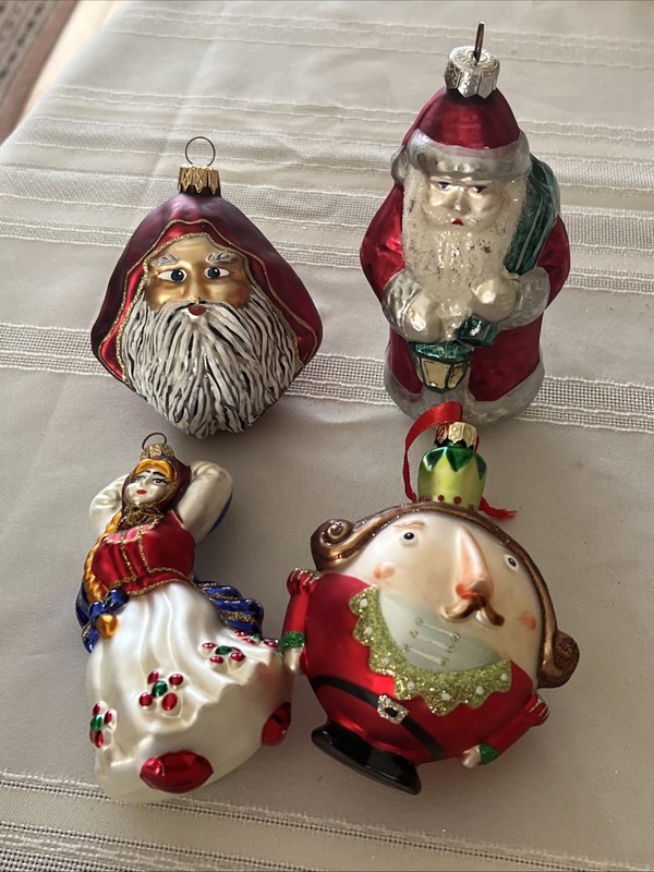 4 - Vtg.CHRISTMAS Glass Ornaments - Figural Lady Dancing. Santa, & More -Poland