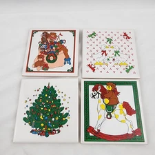Vintage Christmas Goose Tree Bear Trivet Set Of 4 Country Decor Ceramic Coaster