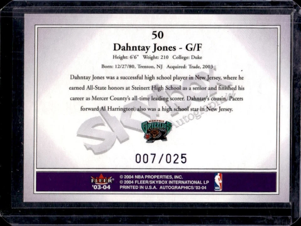 2003-04 Skybox Autographics Dahntay Jones Insignia Purple RC #7/25 Grizzlies - Image 2 of 2
