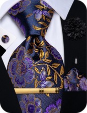 Purple Tie for Men Floral Silk Mardi Gras Neckties Pocket Square Lapel Pin Ti...