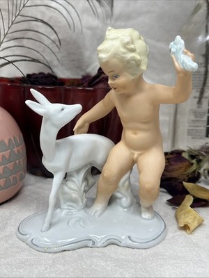 Vintage Schaubach Kunst German Porcelain Figurine  Boy Fawn Cherub Putti 1347