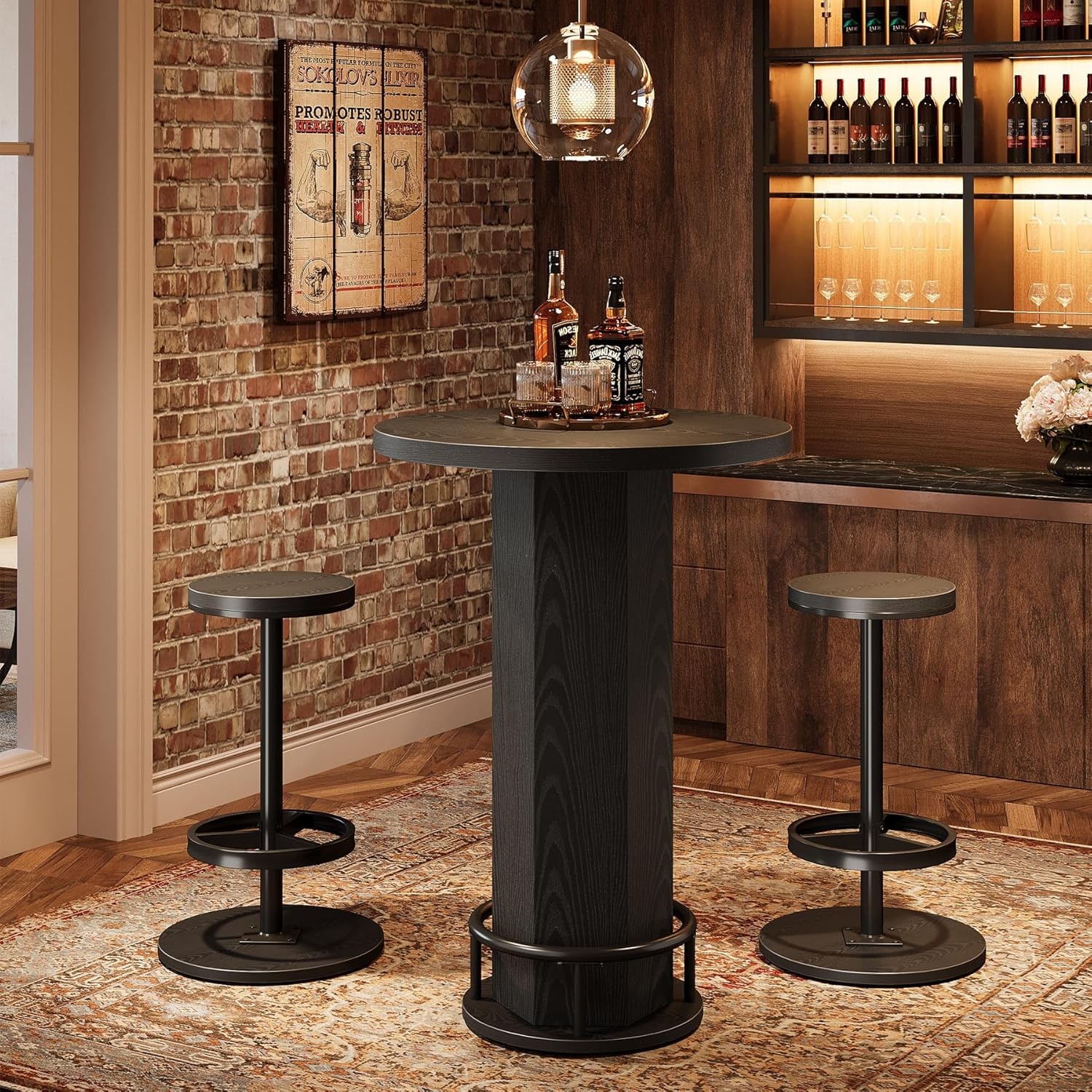 Round Bar Table with Chairs, Industrial Black Bistro Sets with 2 barstools