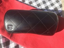 CHANEL eyeglass/sunglass case, clamshell shape, black quilted leather, unisex