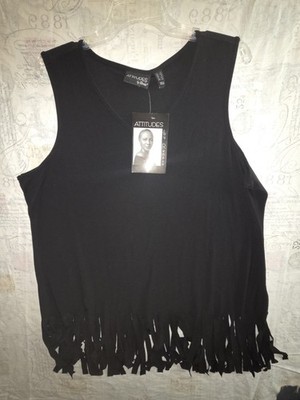 Attitudes Renee XL BLACK Fringe Hem V-Neck Tank Top NWT